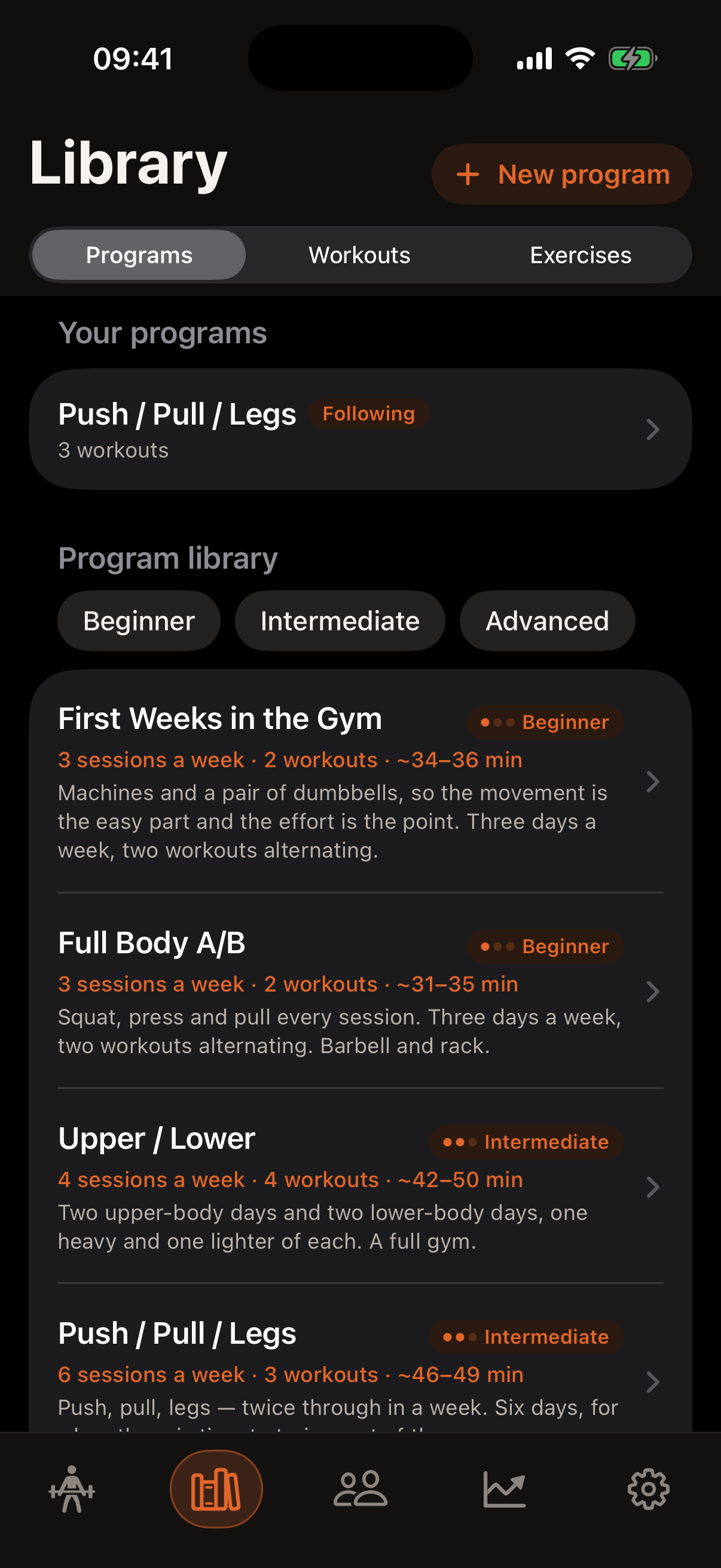 Library, Programs tab: the followed program at the top, then the shelf of ready-made programs with level markers and a one-line summary each.
