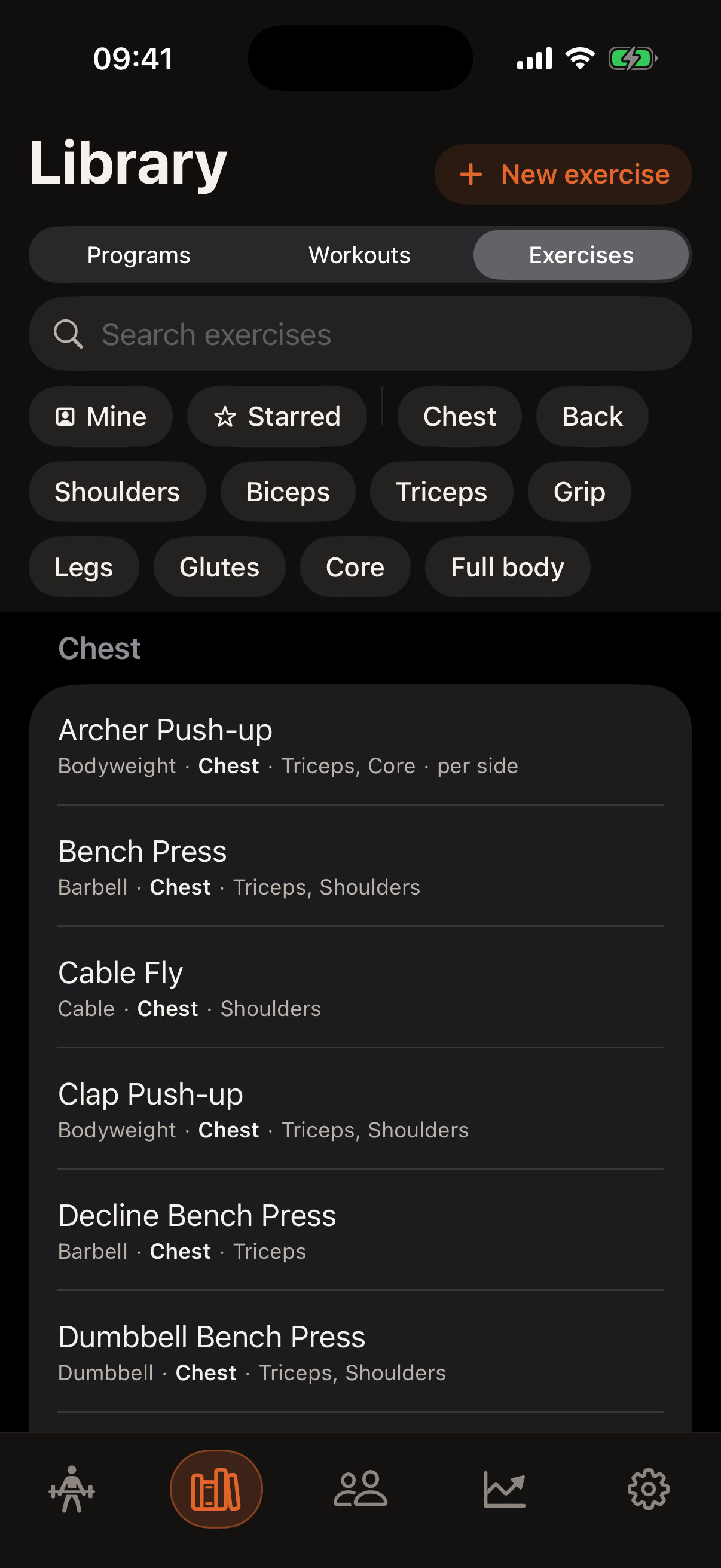 The exercise library: a search field and filters for muscle group and equipment above a list of exercises with thumbnail photos.