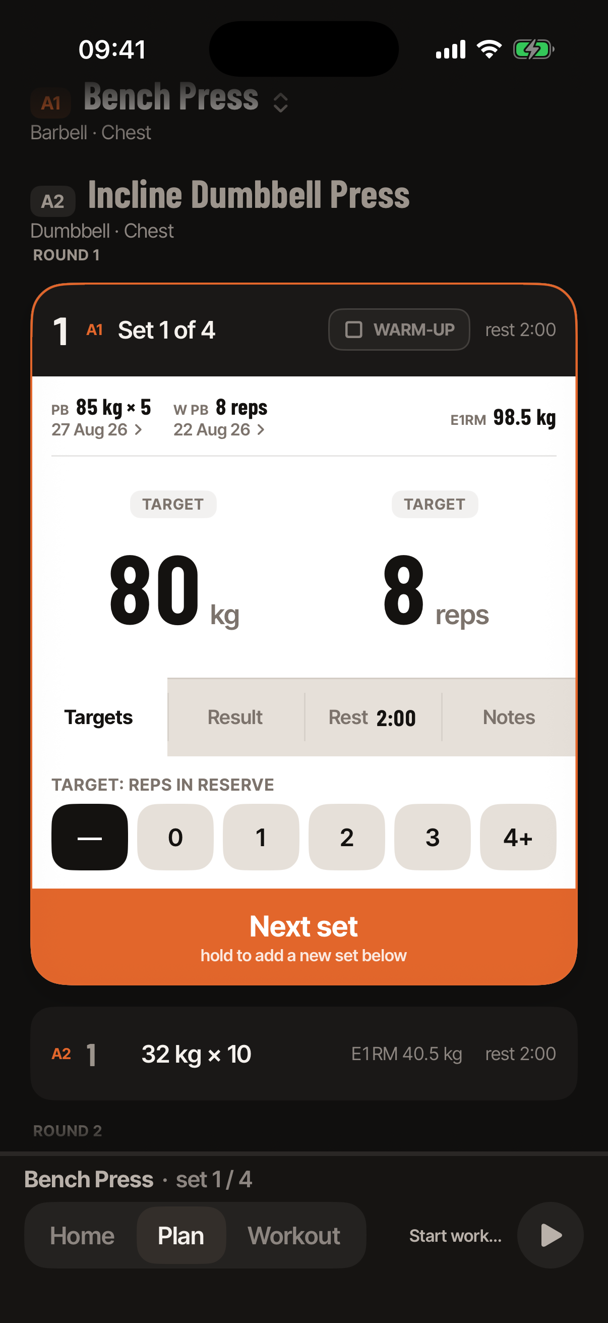 Plan mode: the session as a list of target sets, with Targets, Result, Rest and Notes keys and a Next set button.