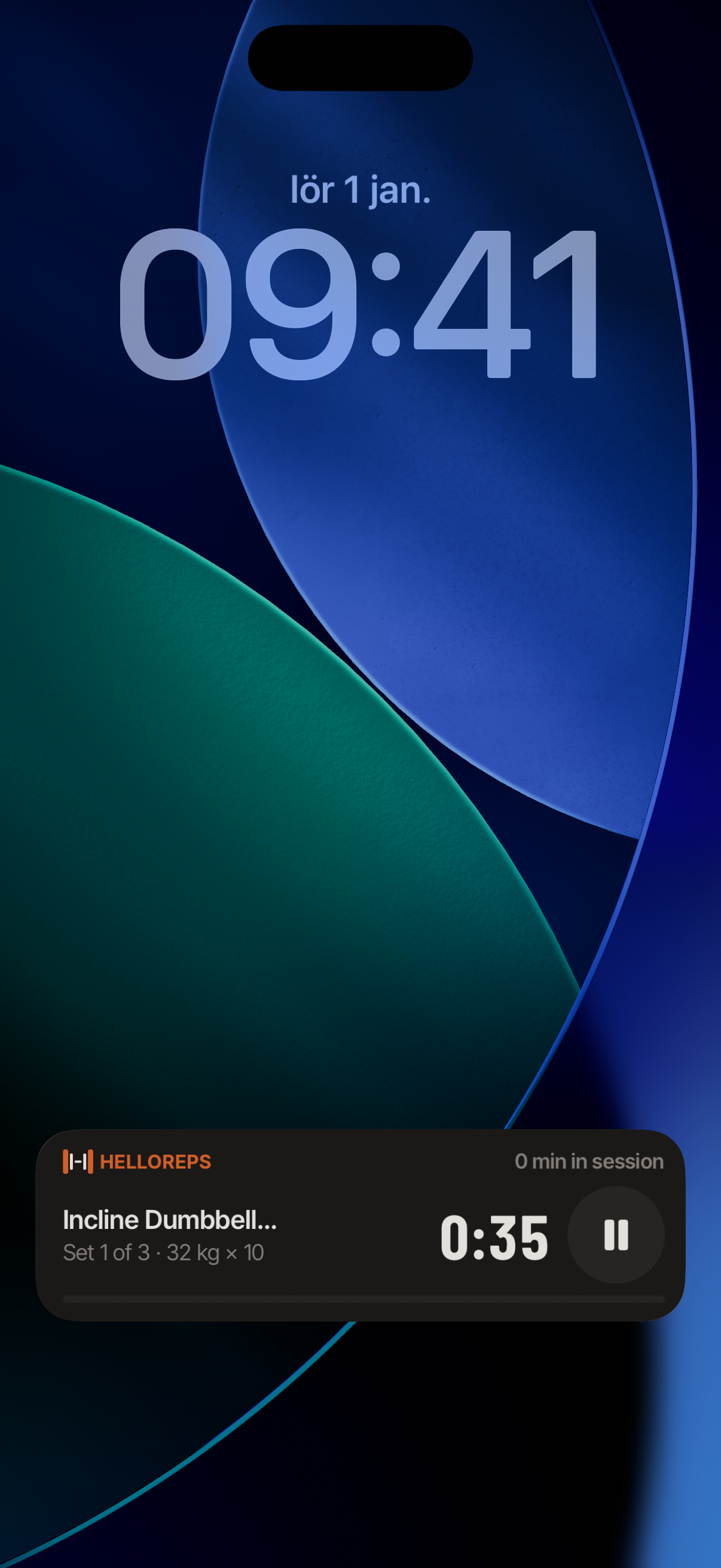 The iPhone Lock Screen showing the HelloReps Live Activity with rest at 0:29, the exercise name, and the HelloReps wordmark.